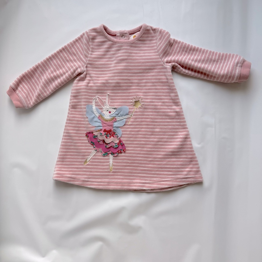 Kid’s Mini Boden Pink Stripe Velour Dress with Appliqué Fairy Bunny 9-12 Months